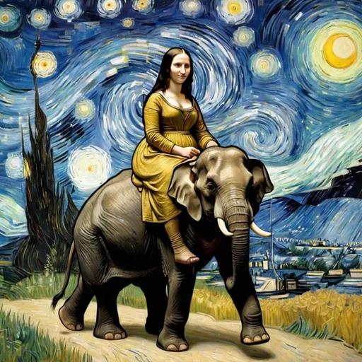 Prompt: Mona Lisa riding an elephant in  "The Starry Night" by Vincent van Gogh