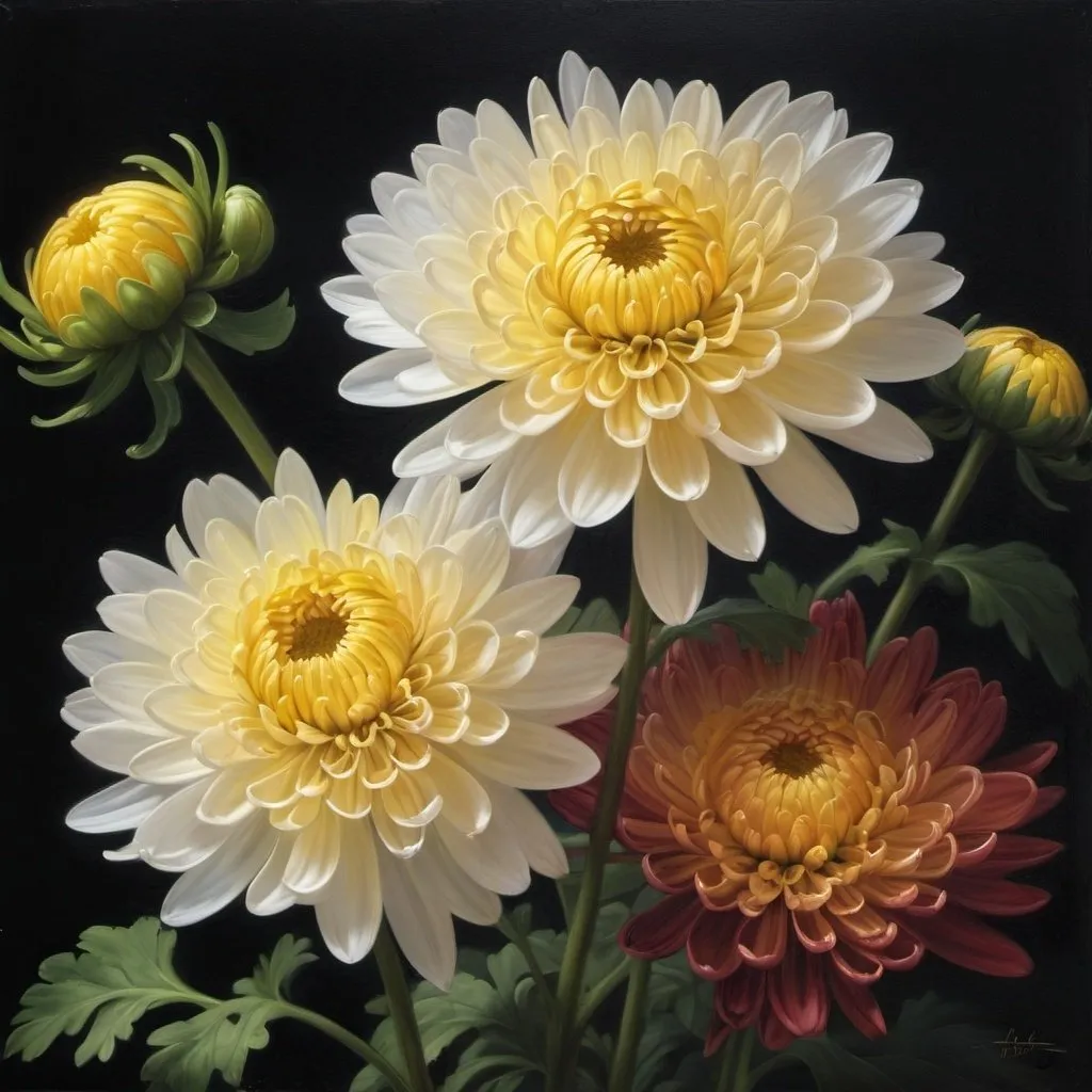 Prompt: Create a UHD, 64K, professional oil painting in the style of Carl Heinrich Bloch, blending elements of realism, Chrysanthemum,