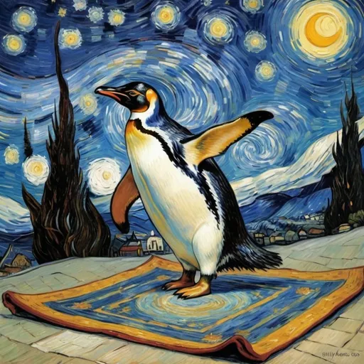 Prompt: a penguin flying on a "magic carpet" in "The Starry Night" by Vincent van Gogh