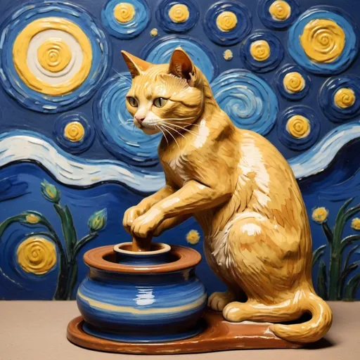 Prompt: a cat  making pottery on pottery wheel in the style of "The Starry Night" by Vincent van Gogh