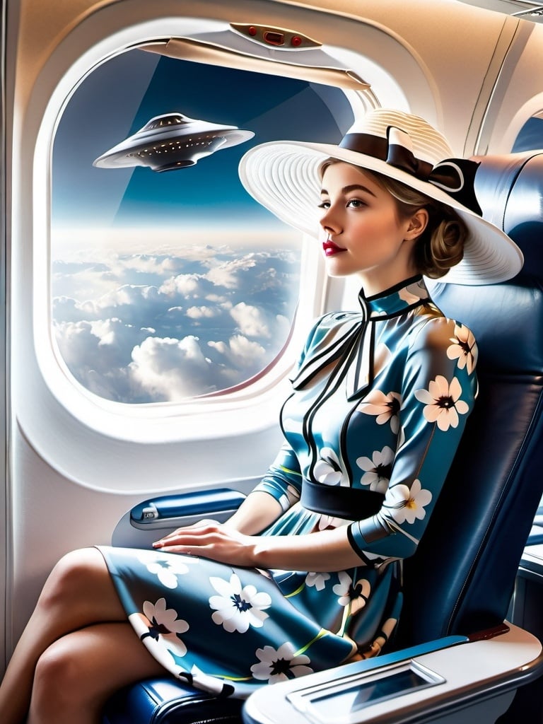 Prompt: a   21-year-old woman in a long flower print Empire Dress with a high neck line and white hat, sitting on an airplane seat with a hat on her head.

The woman is  having a nightmare about her work. 

desk shape UFO  in the window in the background with a window, 
