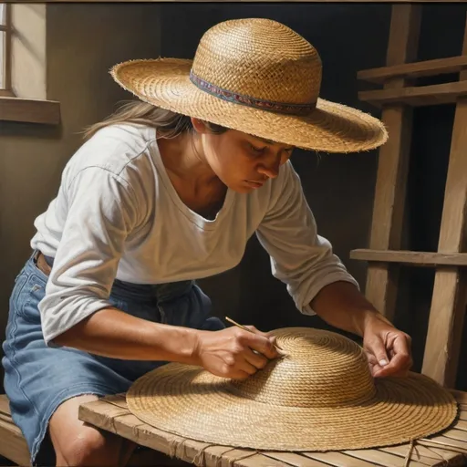 Prompt: a painting of a weaving a straw hat, Alson S. Clark, academic art, extremely detailed oil painting, a hyperrealistic painting