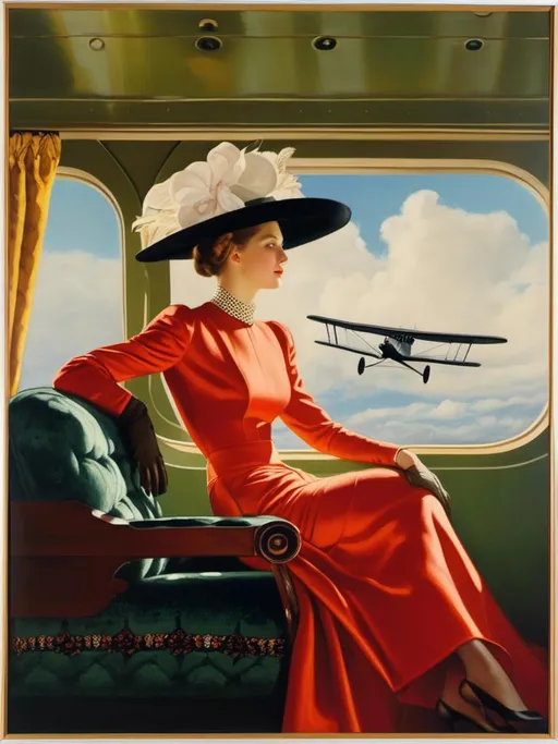 Prompt: a (( 21-year-old woman in a long flower print Empire Dress with a high neck line and white hat)) sitting on an airplane seat with a hat on her head and a plane in the background with a window, Annie Leibovitz, precisionism, promotional image, an art deco painting  <mymodel> 