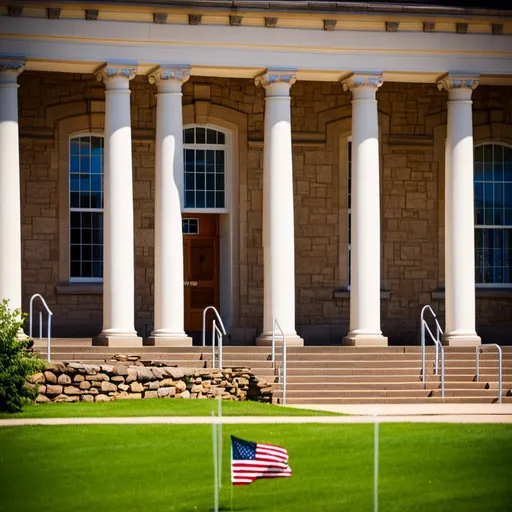 Prompt: <mymodel>  a building with columns and a flag on the front of it and a lawn in front of it with a stone wall and grass, Arlington Nelson Lindenmuth, heidelberg school, wpa, a tilt shift photo