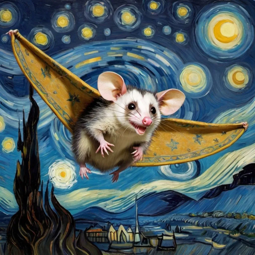 Prompt: A opossum flying on a "magic carpet" in "The Starry Night" by Vincent van Gogh