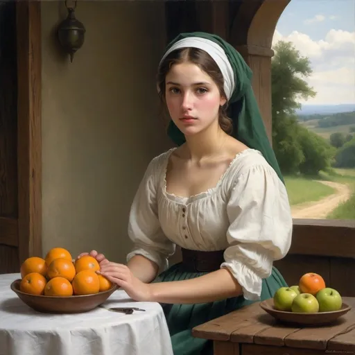 Prompt: Create a professional oil painting blending the styles of Carl Heinrich Bloch, the American Barbizon School, William-Adolphe Bouguereau, and Flemish Baroque art. Depict a young woman in a serene, rustic setting, engaged in a domestic task, wearing a traditional dress.

Subject: A young woman in a 19th-century rural setting, arranging a bowl of oranges and apples on a wooden table covered with a white cloth.

Dress:

Bodice: Fitted with a round neckline, featuring a white undershirt with a black overlay.
Sleeves: Black overlay with large, puffed sleeves ending below the elbow, revealing green undershirt sleeves gathered at the cuffs.
Skirt: Long, full, deep green fabric.
Details: White headscarf covering her hair, tied loosely at the back.
Composition: Position the woman centrally, leaning slightly over the table, with her hands gently touching the fruit. Her expression is serene and focused.

Background: Rustic interior with an arched doorway opening to a lush, green landscape with rolling hills, distant trees, and a bright blue sky with white clouds.

Lighting: Chiaroscuro with light coming from the right, illuminating her face and hands, casting soft shadows on the table and fruit. The background has gentle, natural light contrasting with the darker interior.

Detail and Realism: Emphasize textures and details of the dress, fruit, and setting. The fabric should look realistic with visible folds. The fruit should appear fresh and vibrant.

Color Palette: Rich, deep tones. The dress is black with a deep green skirt, contrasted by the white headscarf and undershirt. The fruit should be vibrant with natural hues. The background should have earthy tones and lush greens.

Atmosphere: Calm and reflective, capturing a timeless moment of simplicity and beauty in rural life.