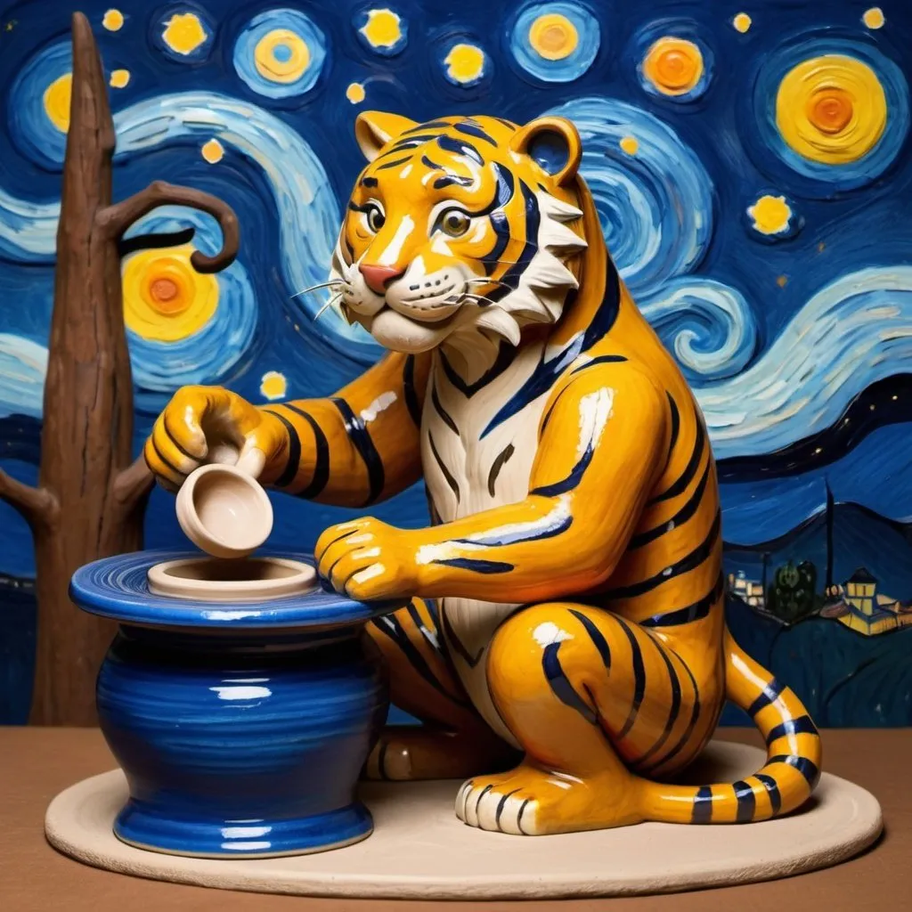 Prompt: a tiger  making pottery on pottery wheel in the style of "The Starry Night" by Vincent van Gogh
