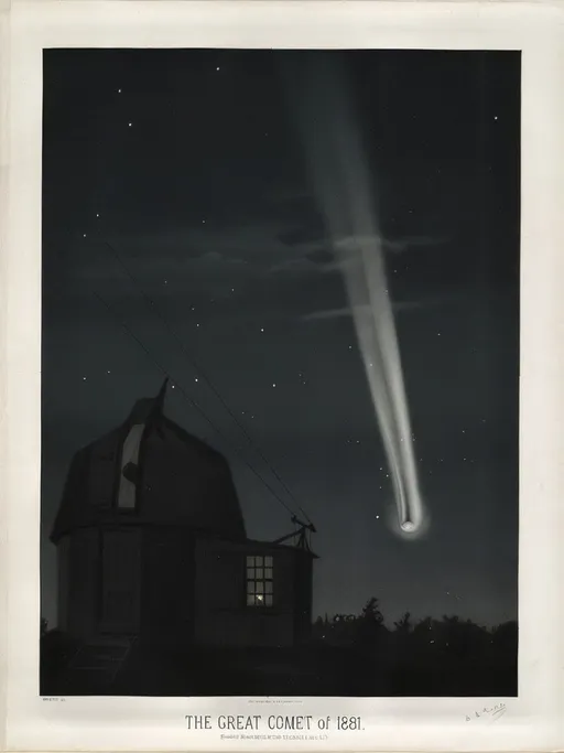 Prompt: The great comet of 1881 (Comet C/1881 K1). Observed on the night of June 25-26 at 1h. 30m. A.M. (Plate XI from The Trouvelot Astronomical Drawings 1881)