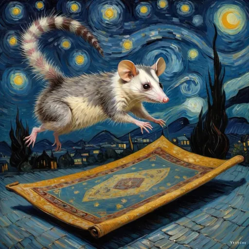 Prompt: A opossum flying on a "magic carpet" in "The Starry Night" by Vincent van Gogh