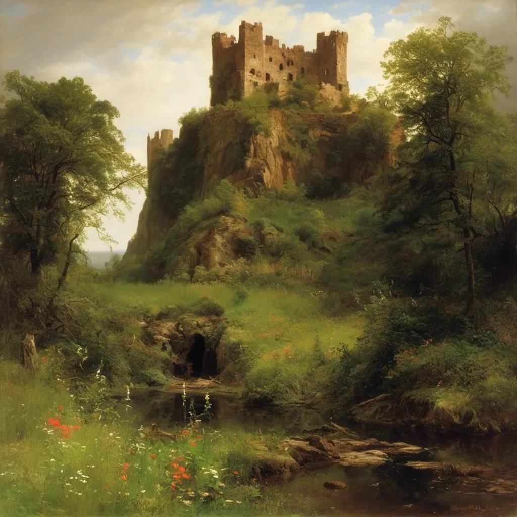 Prompt: <mymodel>a painting of a castle  overgrown with vines and wildflowers  with a path leading to it and flowers in front of it and a fence and a stream in a field with flowers and trees around, The castle itself  though old and ruined in many parts had evidently been at one time a place of considerable strength, in the style of Carl Heinrich Bloch, blending the American Barbizon School and Flemish Baroque influences.  
