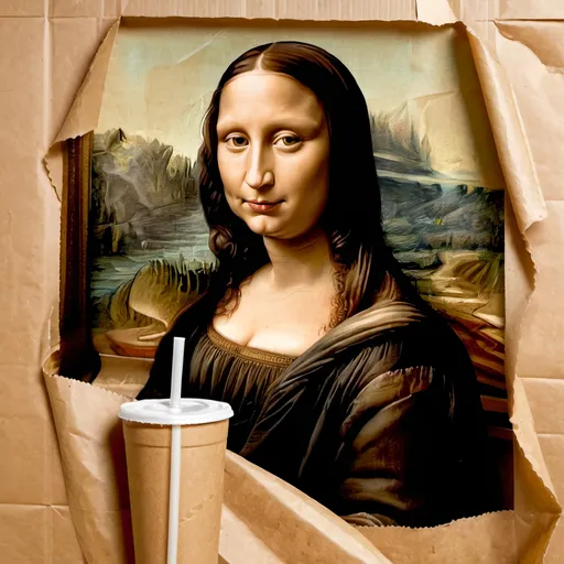 Prompt: Mona Lisa sipping through a straw from a glass bottle in a wrinkled brown paper.