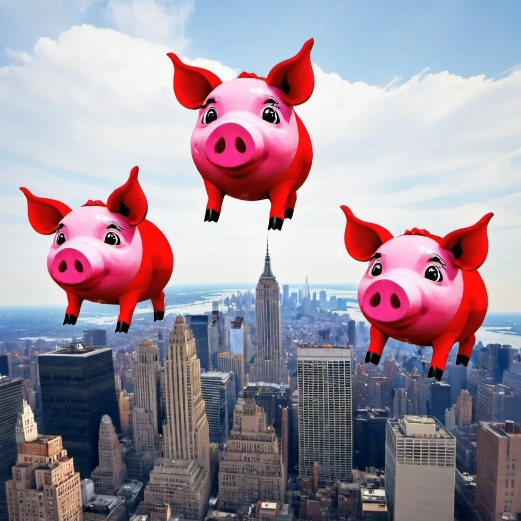 Prompt: three pigs flying over  New York city 

