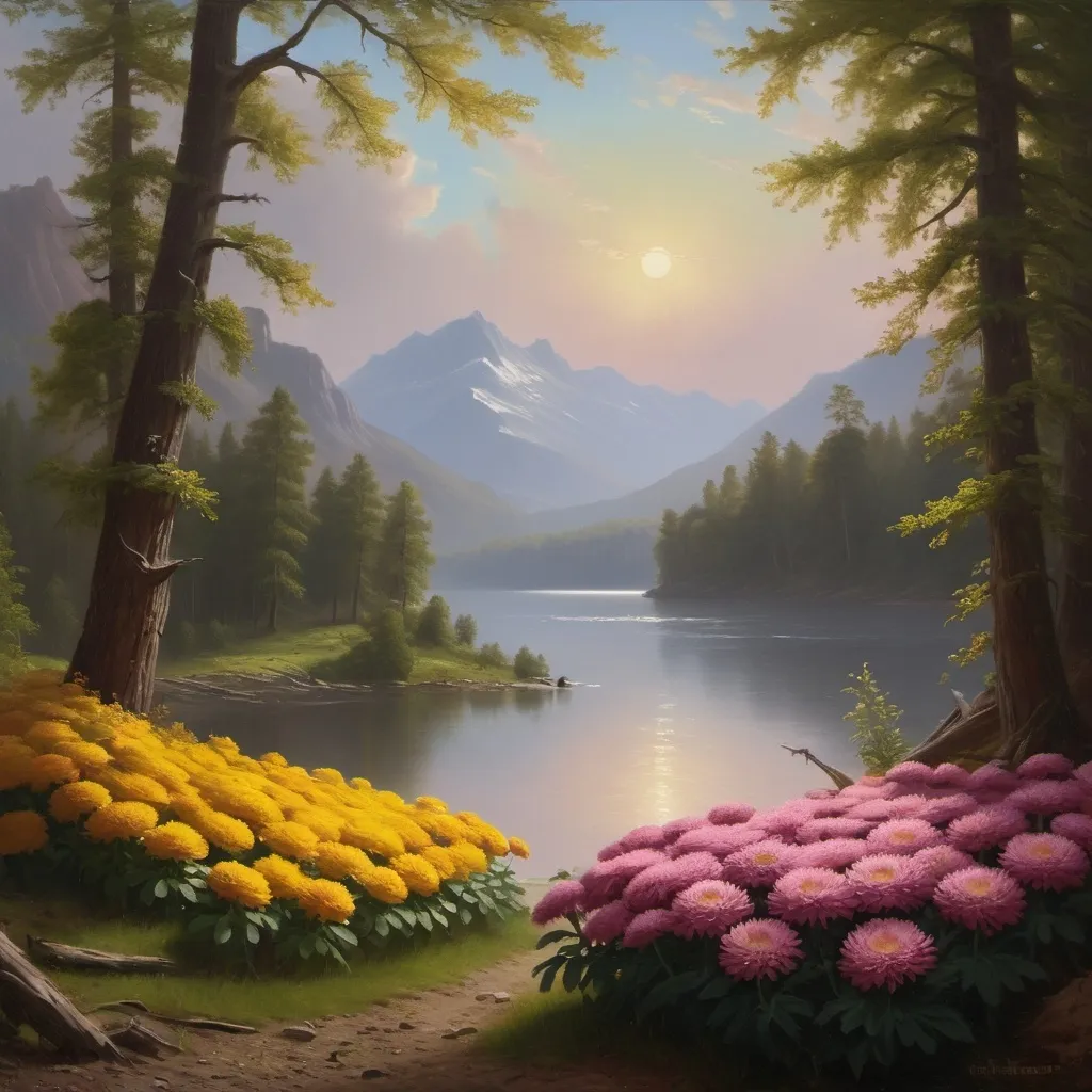 Prompt: Create a UHD, 64K, professional oil painting in the style of Albert Bierstadt, Hudson River School, Chrysanthemum,