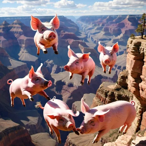 Prompt: three pigs flying over grand canyon
