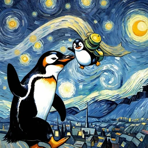 Prompt: a penguin skydiving  in "The Starry Night" by Vincent van Gogh