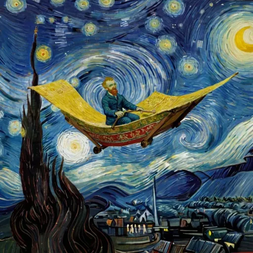 Prompt: "Vincent van Gogh"  flying on a "magic carpet" in "The Starry Night"