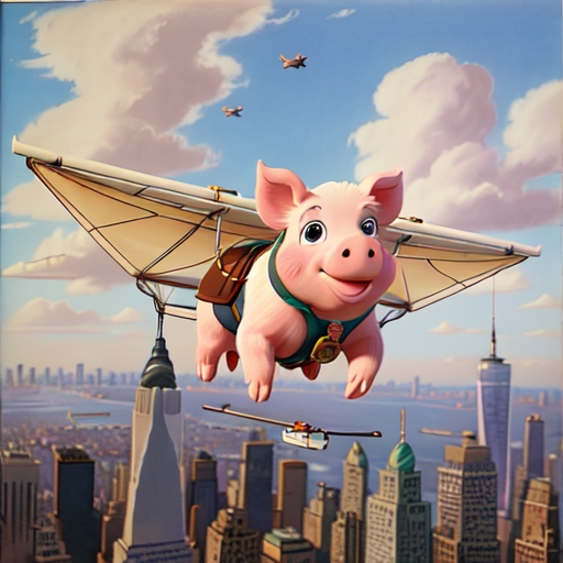 Prompt: a  pig ,  flying over New York city  on hang glider, 1970s oil painting,

