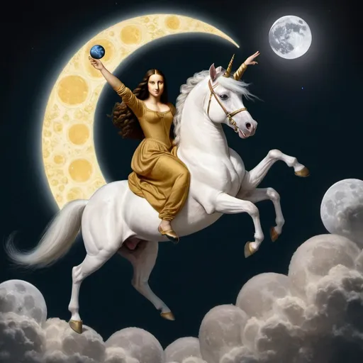 Prompt: Mona Lisa riding a unicorn that is jumping over the Moon.