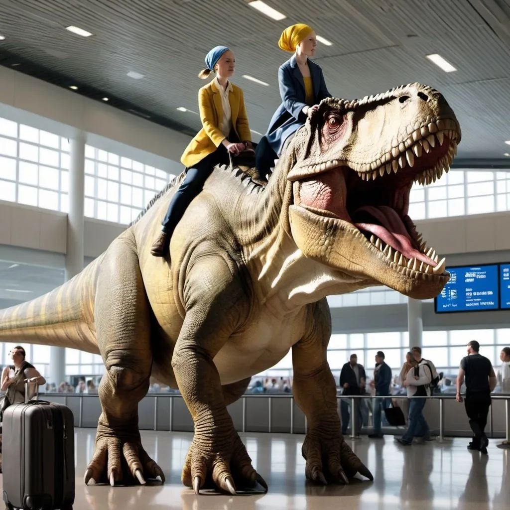 Prompt: "the girl with the pearl earring" riding a   tyrannosaurus in  an airport