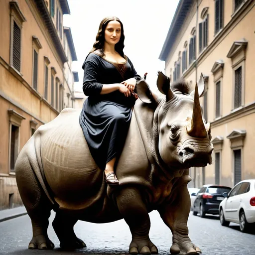 Prompt: Mona Lisa riding a Rhinoceros in the city of the City of Rome