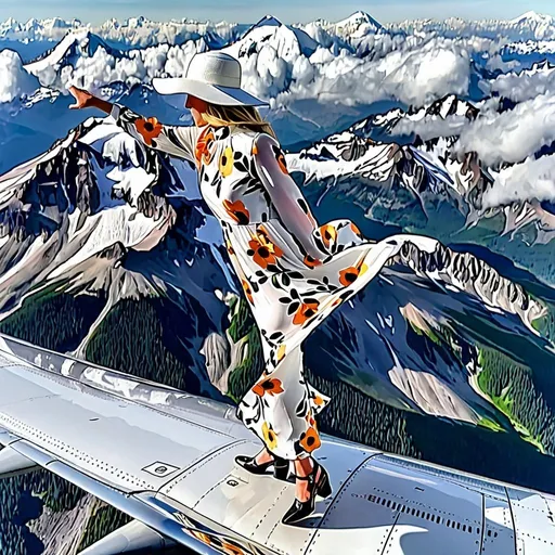 Prompt: a view of something crazy a (( 21-year-old woman in a long flower print Empire Dress with a high neck line and white hat)) is walking on top of the wing of the plane in flight, High Above Mt. Rainier


