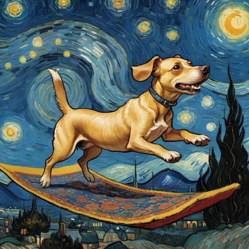 Prompt: a dog  flying on a "magic carpet" in "The Starry Night" by Vincent van Gogh