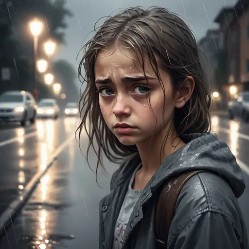 Prompt: Sad girl on road, digital painting, rainy atmosphere, desaturated tones, street lights casting a soft glow, wet pavement reflecting lights, teary eyes, flowing hair, emotional turmoil, storytelling, high quality, digital painting, desaturated tones, rainy, emotional, soft lighting