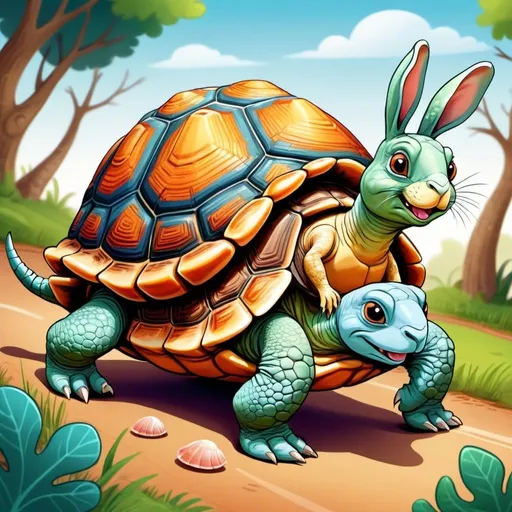 Prompt: Cartoon illustration of a tortoise and hare race, vibrant colors, playful and friendly expressions, detailed shells and fur, educational theme, cartoon style, vibrant tones, cheerful lighting, warm and inviting, high quality, educational, cartoon, vibrant colors, detailed details, friendly expressions, playful, cheerful lighting