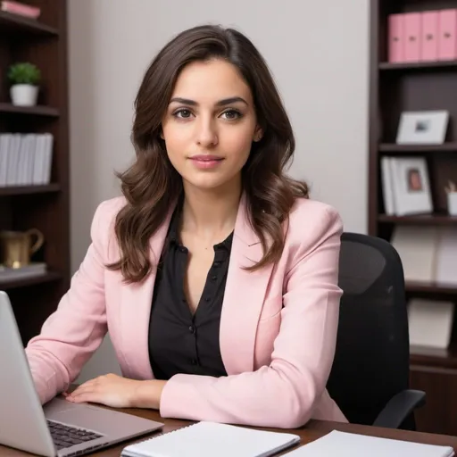 Prompt: Subject: A young and professional woman tutor sitting at a desk.

Details:
The woman has beautiful Arabic facial features and warm, inviting features. She has dark brown eyes and brown hair styled in loose waves that frame her kind face hair. She is wearing professional attire, like a black coat and pink outfit. She is seated comfortably at a desk, facing a pink pastel laptop computer. The desk is neat and organized, with perhaps a notebook or pen nearby.
The background is elegant home office background and uncluttered, allowing the woman to be the main focus.

