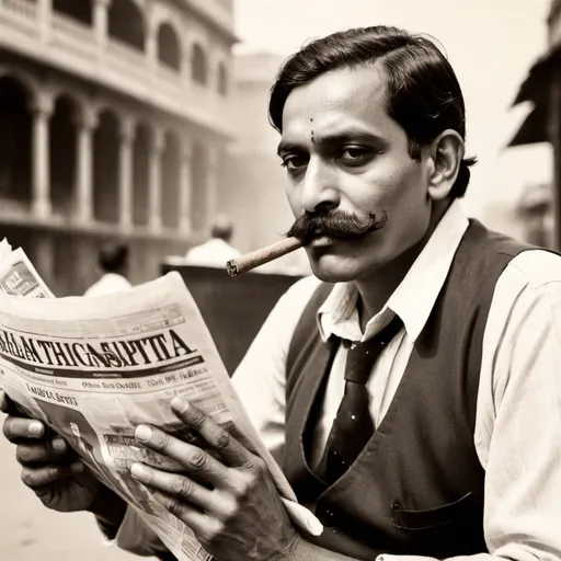Prompt: An Indian man with huge mustache smoking a cigar while reading a newspaper in erstwhile British Calcutta background