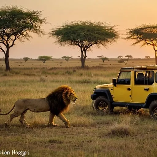 Prompt: A lion walking majestically in a savanna grassland slight red and golden yellowish sunset next to a safari Jeep where an Indian man pets the lion
