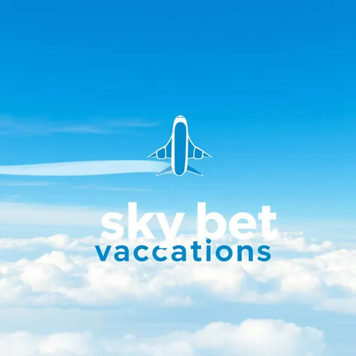 Prompt: a blue and white logo for a travel company with an airplane flying over the clouds and the words sky bet vacations, Bela Čikoš Sesija, international typographic style, sky, concept art