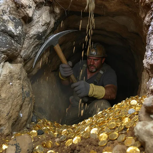 Prompt: I need to generate an image of a minion wearing hand gloves digging the ground in search of Bitcoin in what is seen as an underground shaft. The miner is sweating as he holds the mattock higher to drop and hit it against the rock. The rock which he mines has Bitcoin but Bitcoins that comes out is little. 
