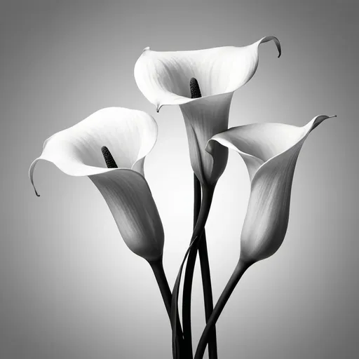 Prompt: Create an elegant and minimalist black and white digital illustration of three calla lilies with a focus on the smooth curves of the flowers against a stark, contrasting background. Emphasize the graceful lines of the stems and the pure, sculptural form of the blooms to capture a serene and sophisticated aesthetic.