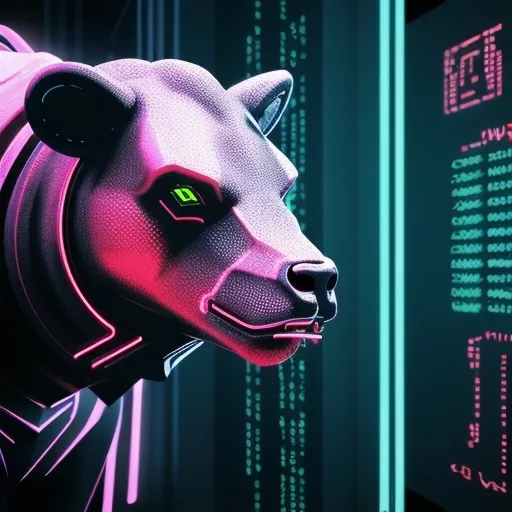 Prompt: Cyberpunk style environment, a bull facing a bear, close up, super details, neon, inspired by the trading market