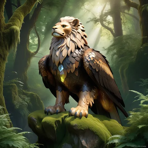 Prompt: (Eagle-lion hybrid), majestic creature blending eagle features with a lion's strength, perched on a moss-covered rock, surrounded by an enchanting, mystical forest, dappled light filtering through dense foliage, ethereal atmosphere, rich color tones of greens and earth browns, high quality, ultra-detailed, atmospheric lighting capturing a magical essence, perfect harmony of wildlife and wonder.