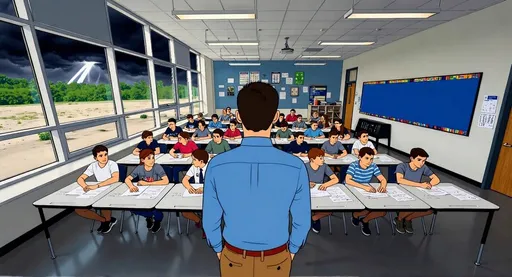 Prompt: Keep this classroom scene in the art style of the animated series Archer. Add ominous storm clouds outside that can be seen through the window with a beam of sunlight poking through and crossing through the window and into the classroom.