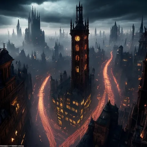 Prompt: Magical dark cityscape, Gothic aesthetic, Victorian aesthetic, Tron aesthetic, steampunk aesthetic, tall detailed Gothic Victorian skyscrapers, wide bustling streets, detailed architecture, dystopian, aerial view, dynamic angles, intricate detail, best quality, 8K, perfect composition, dramatic, vibrant, atmospheric, dark ambiance, 
smooth mystical magical lighting