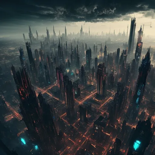 Prompt: Gothic dark cyberpunk cityscape, Victorian high tech mega skyscrapers, cyberpunk streets, aerial view, dynamic angles,  hyper detailed, 8K, atmospheric, mystical lighting