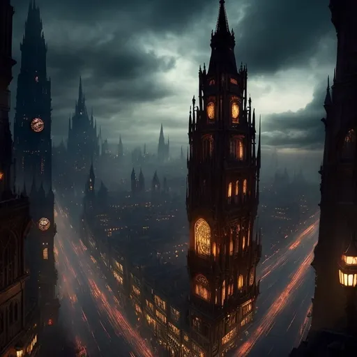 Prompt: Magical dark cityscape, Gothic aesthetic, Victorian aesthetic, Tron aesthetic, steampunk aesthetic, tall detailed Gothic Victorian skyscrapers, wide bustling streets, detailed architecture, detailed city,  dystopian, concept art, perfect composition, aerial view, dynamic angles, intricate detail, best quality, 
super clear resolution, highly detailed, crispy quality, 8K, dramatic, vibrant, atmospheric, dark ambiance, smooth mystical magical lighting