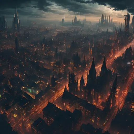 Prompt: Dark cyberpunk gothic cityscape,  futuristic, Victorian, aerial view, highres, ultra-detailed, dynamic angles, mystical lighting