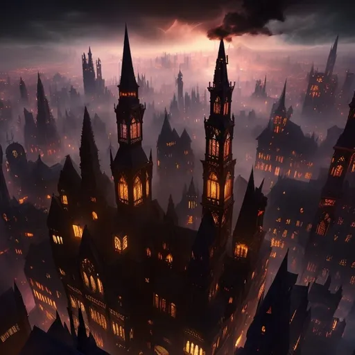 Prompt: Magical dark cityscape, Gothic aesthetic, Victorian aesthetic, Tron aesthetic, steampunk aesthetic, tall detailed Gothic Victorian skyscrapers, wide bustling streets, detailed architecture, detailed city,  dystopian, ( aerial view ), ( dynamic angles ), concept art, perfect composition, best quality, professional, highly detailed, crispy quality, super clear resolution, 8K, dramatic, vibrant, atmospheric, dark ambiance, smooth mystical magical lighting