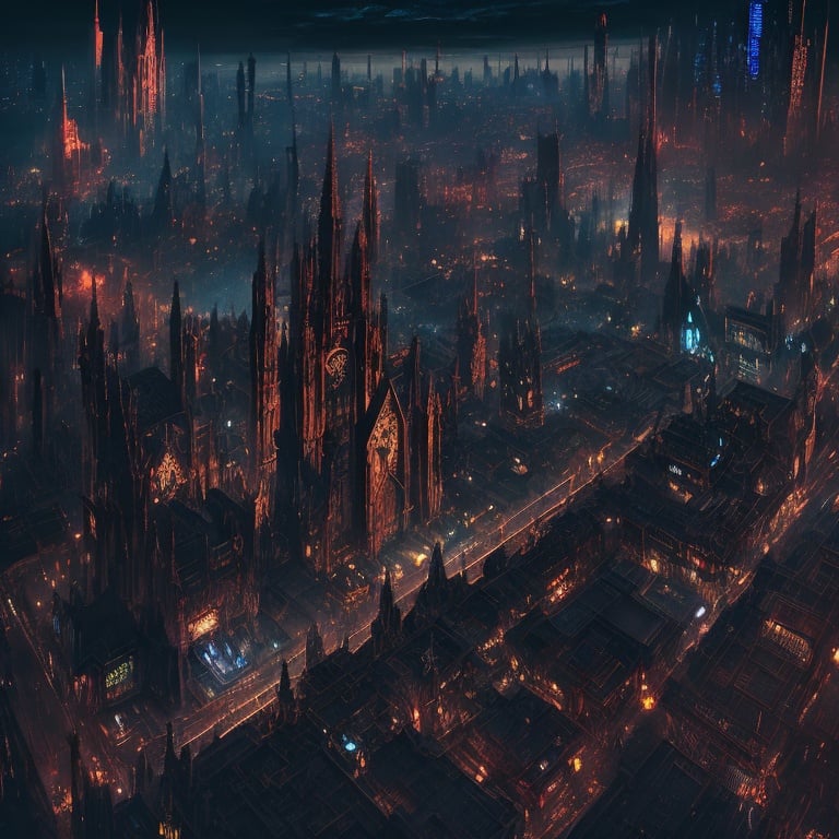 Prompt: Dark cyberpunk gothic cityscape,  futuristic, Victorian, aerial view, highres, ultra-detailed, dynamic angles, mystical lighting