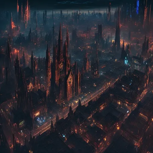 Prompt: Dark cyberpunk gothic cityscape,  futuristic, Victorian, aerial view, highres, ultra-detailed, dynamic angles, mystical lighting