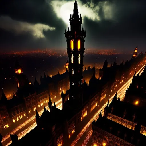 Prompt: Dark cityscape, Gothic aesthetic, Victorian aesthetic, Tron aesthetic, steampunk aesthetic, Fantasy aesthetic, tall detailed Gothic Victorian skyscrapers, bustling streets, wide streets, detailed Gothic architecture, detailed city,  dystopian, ( aerial view ), ( dynamic angles ), concept art, perfect composition, best quality, professional, highly detailed, crispy quality, super clear resolution, 8K, dramatic, vibrant, atmospheric, dark ambiance, smooth mystical magical lighting