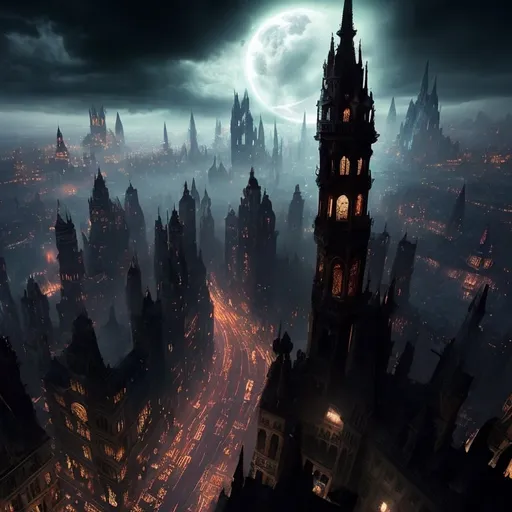 Prompt: Magical dark cityscape, Gothic aesthetic, Victorian aesthetic, Tron aesthetic, steampunk aesthetic, tall detailed Gothic Victorian skyscrapers, wide bustling streets, detailed architecture, dystopian, aerial view, dynamic angles, intricate detail, best quality, 8K, perfect composition, dramatic, vibrant, atmospheric, dark ambiance, 
smooth mystical magical lighting