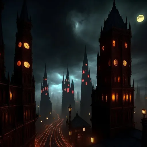 Prompt: Dark cityscape, Gothic aesthetic, Victorian aesthetic, Tron aesthetic, steampunk aesthetic, Fantasy aesthetic, tall detailed Gothic Victorian skyscrapers, bustling streets, wide streets, detailed Gothic architecture, detailed city,  dystopian, ( aerial view ), ( dynamic angles ), concept art, perfect composition, best quality, professional, highly detailed, crispy quality, super clear resolution, 8K, dramatic, vibrant, atmospheric, dark ambiance, smooth mystical magical lighting