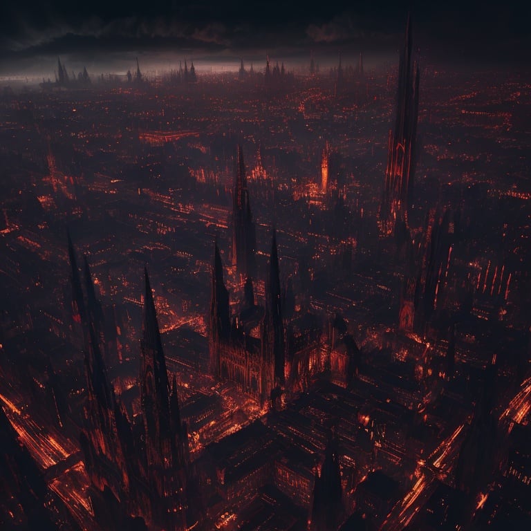 Prompt: Gothic Victorian dark cityscape, Tron aesthetic, dystopian, aerial view, dynamic angles, hyper detailed, intricate detail, 8K, atmospheric, mystical lighting