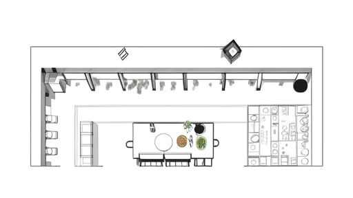 Prompt: a drawing of a floor plan for a restaurant or bar with seating areas and a kitchen area with a counter and a sink, Enguerrand Quarton, fluxus, isometric view, a digital rendering