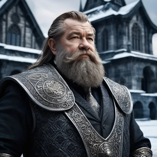 Prompt: Ultra realistic style, ultra high details, world class quality, close up Dwarven businessman, 2010s, photorealism, standing in front of government building, cold tones, ultra detailed surrounding, ultra realistic surrounding, cold tones, diffused black light, wide angle view, raw photo, 8k UHD, popular in artstation